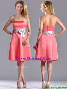 Best Selling Watermelon Knee Length Prom Dress with Silver Bowknot