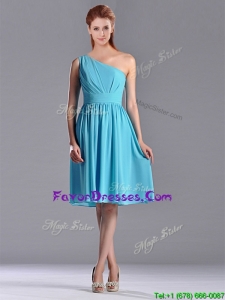 Discount Chiffon Aqua Blue Knee Length Bridesmaid Dress with One Shoulder