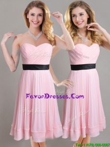 Discount Empire Pleated and Black Belted Prom Dress in Baby Pink