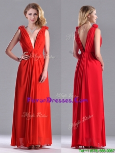 Elegant Deep V Neckline Red Bridesmaid Dress with Hand Crafted Flowers