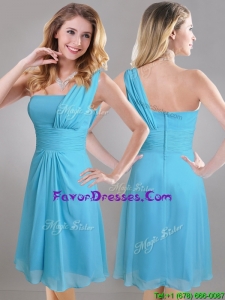 Elegant One Shoulder Ruched Chiffon Prom Dress in Aqua Blue