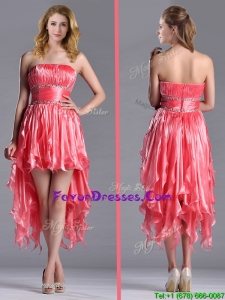 Elegant Strapless High Low Beaded Decorated Waist Prom Dress in Coral Red