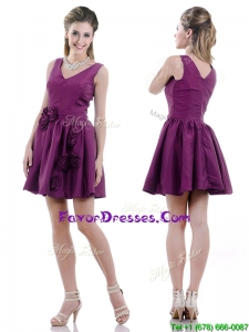 Exquisite V Neck Taffeta Purple Mother Dress with Handcrafted Flowers