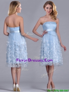 Gorgeous Empire Tea Length Applique Tulle Prom Dress in Light Blue