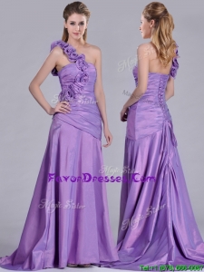 Lovely Brush Train Lilac Prom Dress with Hand Made Flowers Decorated One Shoulder
