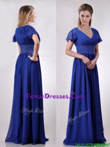 Low Price V Neck Beaded Blue Long Mother Dress with Short Sleeves