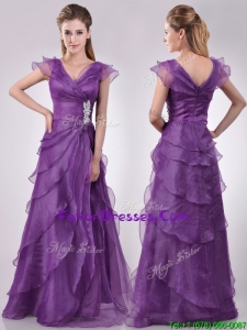 Low Price V Neck Eggplant Purple Mother Dress with Beading and Ruffles
