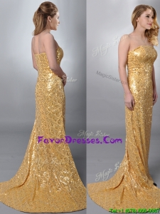 Luxurious Column Strapless Sequined Gold Prom Dress with Brush Trai