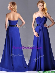 Luxurious Empire Chiffon Royal Blue Prom Dress with Brush Train