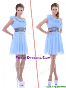 One Shoulder Light Blue Bridesmaid Dress with Beaded Decorated Waist and Ruffles