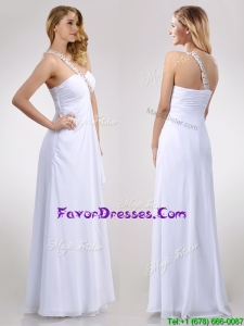 Sexy Empire Chiffon Beaded Side Zipper White Prom Dress with One Shoulder