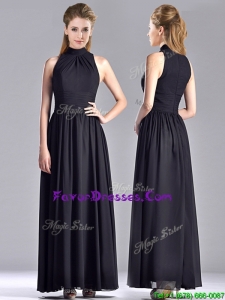 Simple Empire Ankle Length Chiffon Black Mother Dress with High Neck