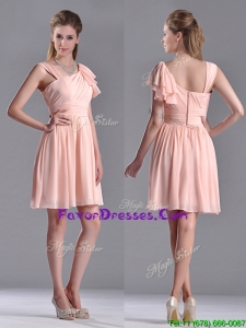 Simple Empire Ruched Peach Prom Dress with Asymmetrical Neckline