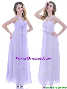 Wonderful Ruched Decorated Bust Ankle Length Bridesmaid Dress in Lavender