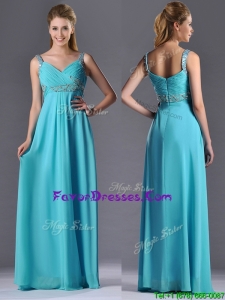 Beautiful Empire Aqua Blue Long Prom Dress with Beading and Ruching