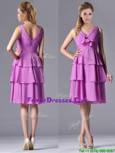 Classical V Neck Lilac Mother Dress with Handcrafted Flower and Ruching