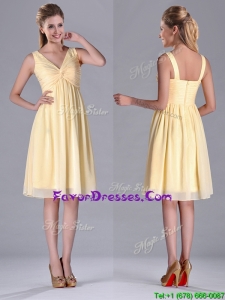Empire Light Yellow V Neck Knee Length Short Bridesmaid Dress with Ruching