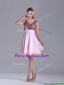 Latest V Neck Sequined Decorated Bodice Prom Dress in Baby Pink