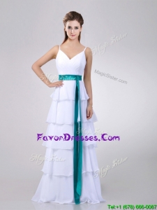 Lovely White Prom Dress with Ruffled Layers and Turquoise Belt