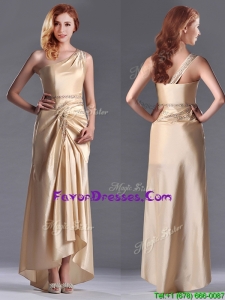 Modern Champagne Ankle-length Beaded Side Zipper Mother Dress with One Shoulde