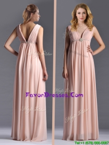 Modern Empire Chiffon Ruching Long Pink Mother Dress with V Neck