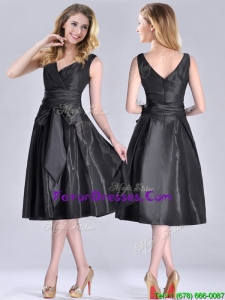 Popular Empire Black Tea Length Mother Dress with Ruching and Bowknot