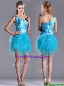 Wonderful One Shoulder Ruched and Ruffled Aqua Blue Prom Dress in Tulle