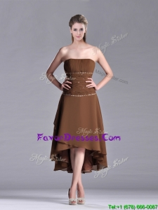 Exclusive Beaded Strapless High Low Brown Mother Dress in Chiffon