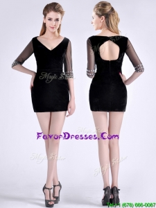Popular Beaded Open Back Black Mother Dress with Half Sleeves