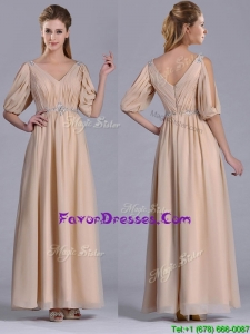 Popular Beaded and Ruched V Neck Long Mother Dress in Champagne
