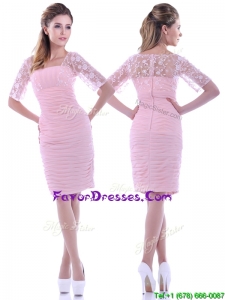 Popular Ruched and Laced Square Baby Pink Mother Dress with Half Sleeves