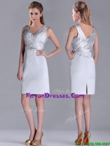 Popular V Neck Belted with Beading Mother Dress in Silver