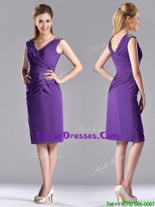 Cheap Column V Neck Knee-length Short Mother Dress in Purple
