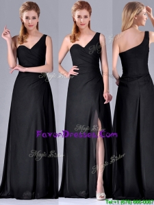 Popular One Shoulder Black Mother Dress with Ruching and High Slit