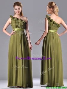 Popular One Shoulder Ruched and Belt Mother Dress in Olive Green