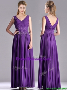 Popular V Neck Purple Mother Dress with Beading and Pleats
