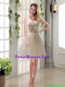 Beautiful Champagne Bowknot Princess Prom Dresses with V Neck
