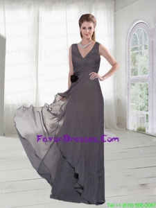 Grey V Neck Prom Dress with Hand Made Flowers at Low Price