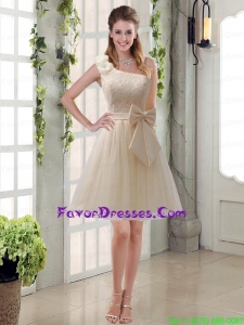 2015 Princess One Shoulder Bowknot Lace Prom Dresses in Champagne