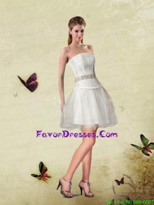 A-line Strapless White Prom Dresses With Beading and Ruching