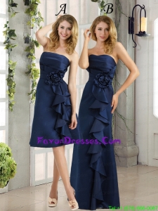 Navy Blue Ruching and Hand Made Flowers Prom Dresses