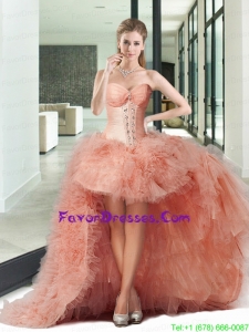 Sturning High Low Pink Prom Dress with Beading and Ruffles For 2015