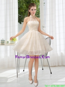 Halter Appliques Lace Up Prom Dress in Champagne