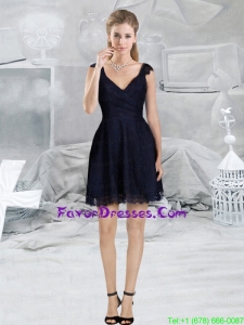 Lace Empire V Neck Cap Sleeves Navy Blue Prom Dress for 2015