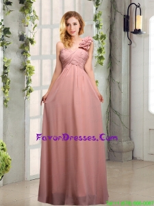 Empire Ruching One Shoulder Prom Dresses with Hand Made Flowers