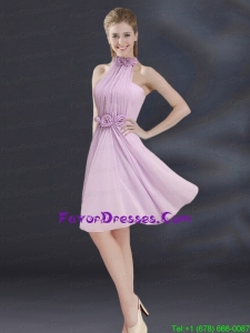 Halter A Line Prom Dress with Ruhing and Hand Made Flowers