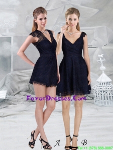 Navy Blue Lace Empire V Neck Cap Sleeves Prom Dress with Mini Length