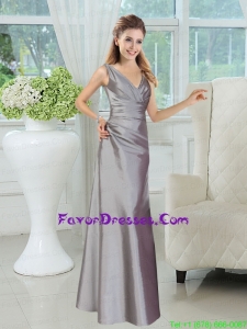 Silver V Neck Long Prom Dress for 2015 Wedding Party