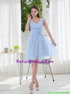 V Neck Chiffon Prom Dress with Ruching and Hand Made Flowers