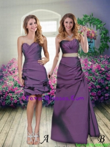Eggplant Purple Sweetheart Taffeta Column Prom Dresses with Ruching